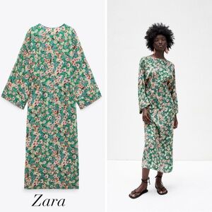 NWT Zara Green Floral print Dress with low back bohemian, XL